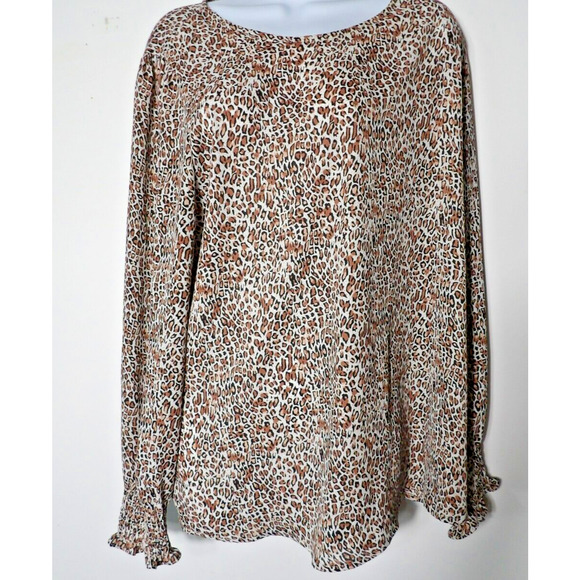 Adrianna Papell XL Blouse Top Leopard Animal Smocked Keyhole Office Career - Picture 1 of 14